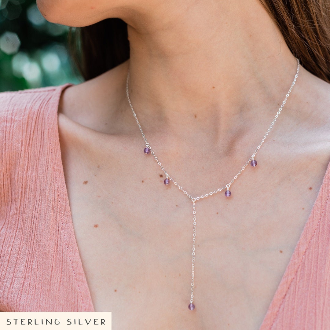 Amethyst Bar Drop Y Necklace. Dainty Silver Lariat. February Etsy