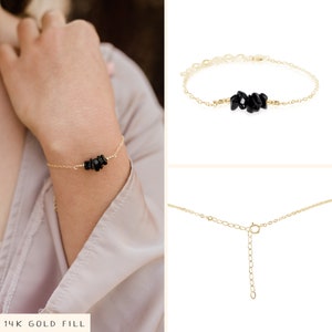 Black onyx bead bar crystal bracelet in bronze, silver, gold or rose gold 6 chain with 2 adjustable extender July birthstone image 2