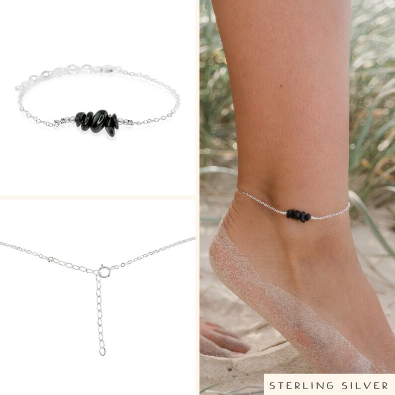 silver gold or rose gold Black Tourmaline bead bar crystal gemstone anklet in bronze 8 chain with 2 adjustable extender
