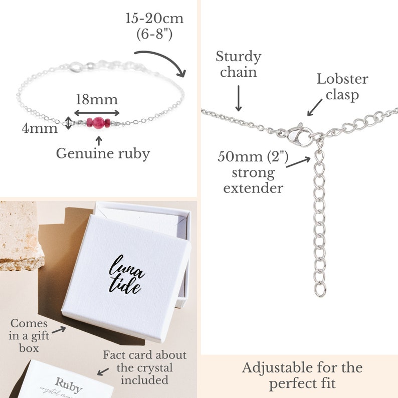 Puede incluir: Un brazalete de cadena de plata con una piedra preciosa de rub&iacute; genuino. El brazalete mide de 15 a 20 cm de largo y tiene un extensor de 5 cm. Viene en una caja blanca con las palabras "luna tide" impresas en ella.