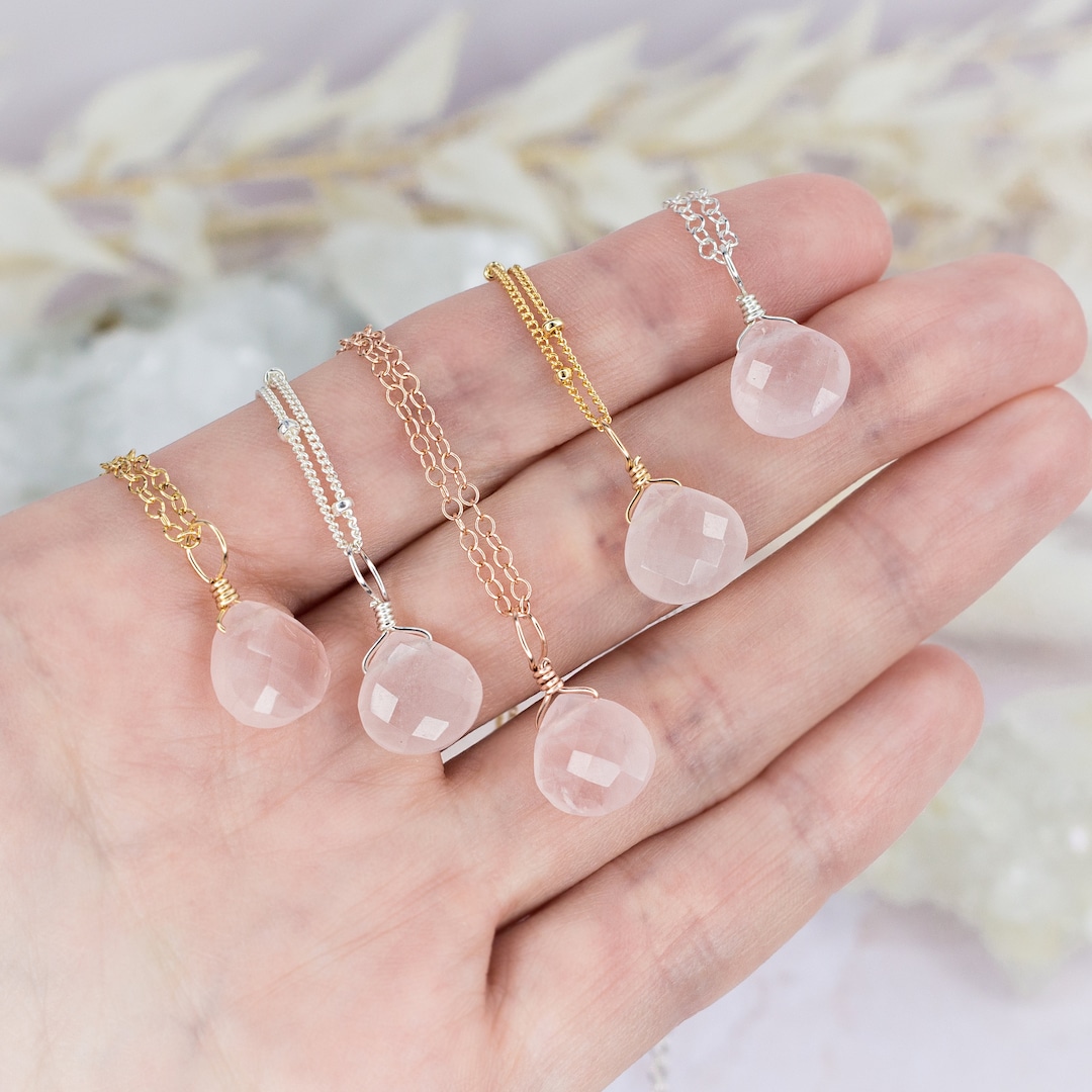 Tiny Rose Quartz Necklace - Small Rose Quartz Faceted Teardrop