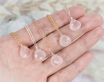 Tiny Rose Quartz Necklace - Small Rose Quartz Faceted Teardrop Necklace - Natural Pink Crystal Necklace - January Birthstone Necklace