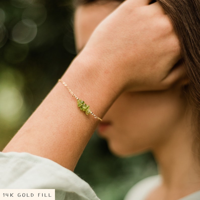 Peridot bead bar crystal bracelet in bronze, silver, gold or rose gold 6 chain with 2 adjustable extender August birthstone image 1