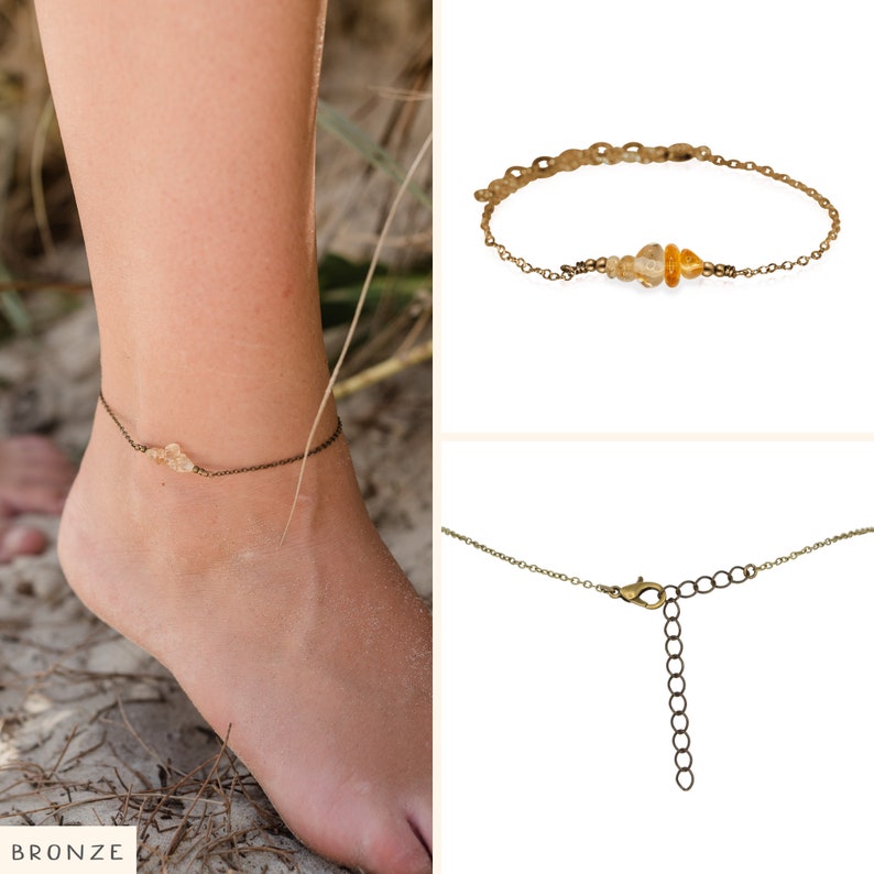 gold or rose gold silver Citrine bead bar crystal gemstone anklet in bronze 8 chain with 2 adjustable extender November birthstone
