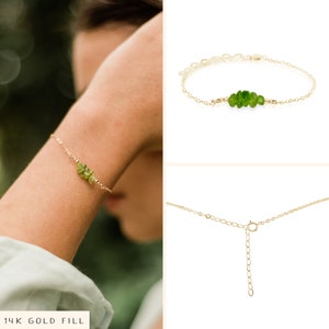 Peridot bead bar crystal bracelet in bronze, silver, gold or rose gold 6 chain with 2 adjustable extender August birthstone 14k Gold Fill