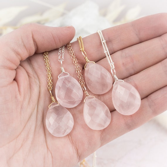 Large Rose Quartz Crystal Teardrop Necklace Faceted Pink Genuine Gemstone Pear Drop Jewellery January Birthstone Gift for Mom Women Etsy