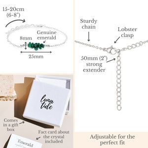 Emerald bead bar crystal bracelet in bronze, silver, gold or rose gold 6 chain with 2 adjustable extender May birthstone image 8