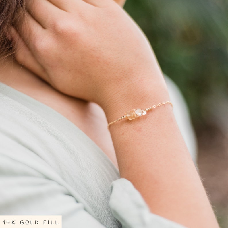 Citrine bead bar crystal bracelet in bronze, silver, gold or rose gold 6 chain with 2 adjustable extender November birthstone image 1