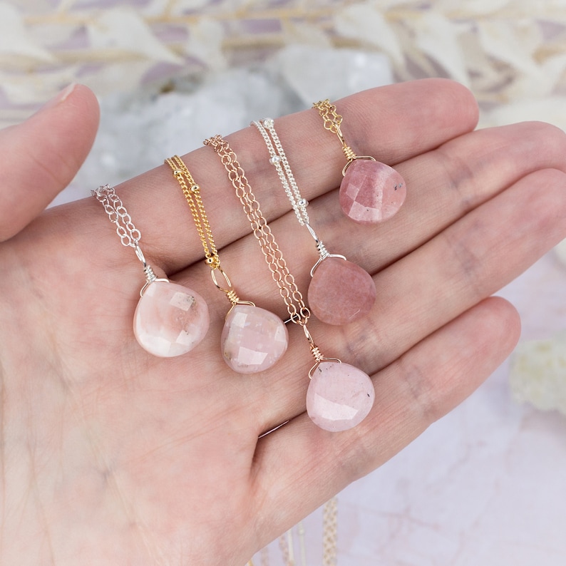 Tiny pink Peruvian opal necklace Small pink opal teardrop necklace Natural pale pink opal crystal necklace October birthstone necklace image 1