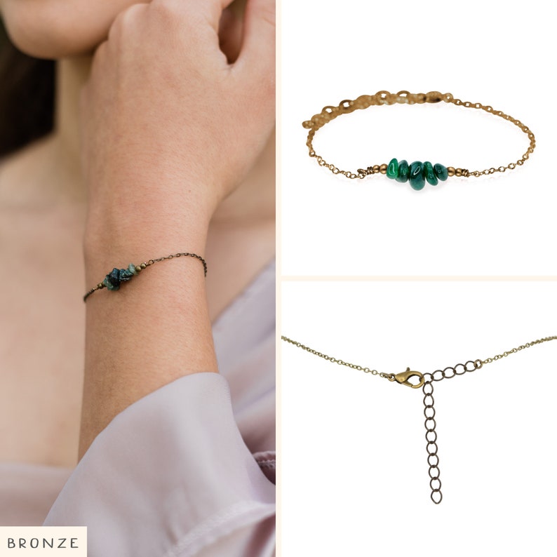 Emerald bead bar crystal bracelet in bronze, silver, gold or rose gold 6 chain with 2 adjustable extender May birthstone Bronze