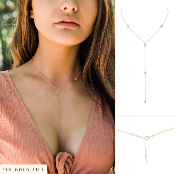 Crystal Quartz Beaded Chain Lariat Necklace in Bronze