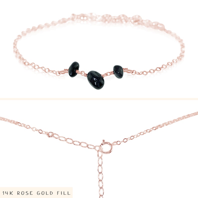 Black tourmaline gemstone beaded bracelet in bronze, silver, gold or rose gold 6 with 2 adjustable extender. October birthstone bracelet 14k Rose Gold Fill