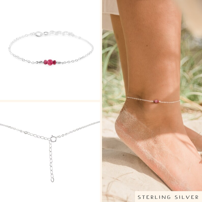 May include: Silver anklet with a small pink gemstone. The anklet has an adjustable clasp.