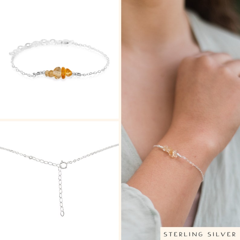 Citrine bead bar crystal bracelet in bronze, silver, gold or rose gold 6 chain with 2 adjustable extender November birthstone Sterling Silver