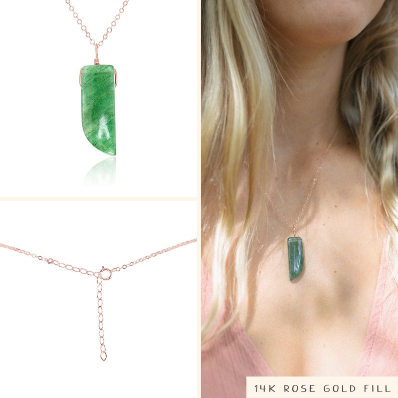 Aventurine smooth polished point crystal necklace Natural aventurine necklace Large green aventurine crystal necklace 14k Rose Gold Fill