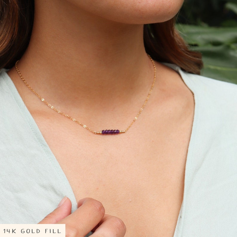 Purple amethyst semi-precious gemstone beaded bar necklace. Tiny amethyst bead necklace. Real genuine amethyst February birthstone necklace image 1