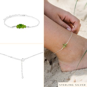 Peridot bead bar crystal gemstone anklet in bronze, silver, gold or rose gold 8 chain with 2 adjustable extender August birthstone image 4