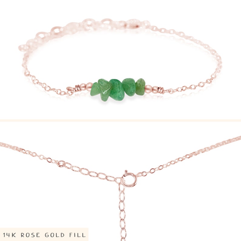 Aventurine bead bar crystal bracelet in bronze, silver, gold or rose gold 6 chain with 2 adjustable extender 14k Rose Gold Fill