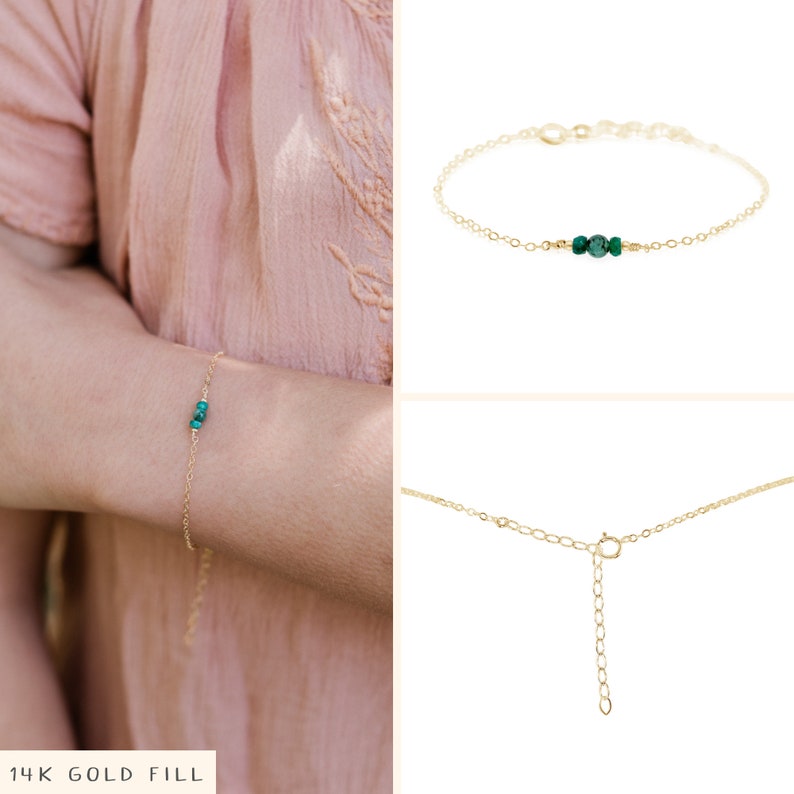 Green emerald dainty gemstone bracelet in gold, silver, bronze, rose gold 6 chain with 2 adjustable extender May birthstone bracelet 14k Gold Fill