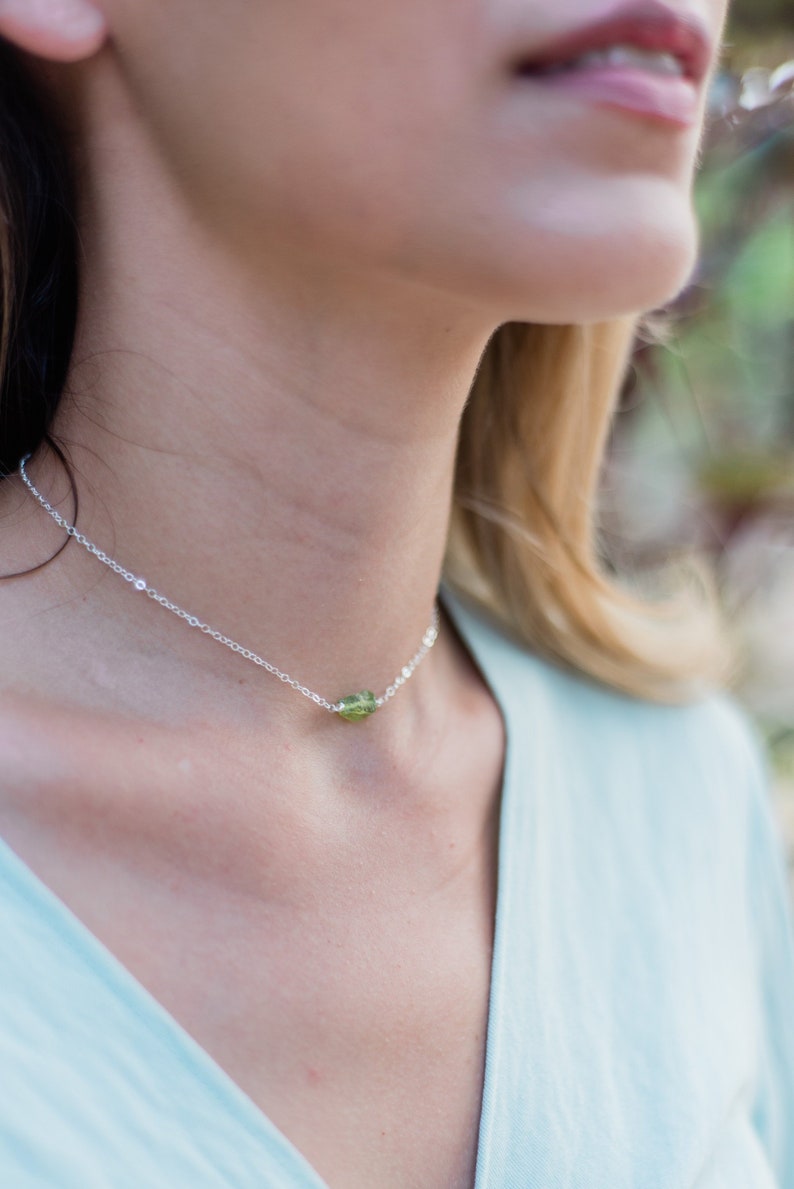 12 chain with 2 adjustable extender silver bronze or rose gold Tiny raw green peridot crystal nugget choker necklace in gold