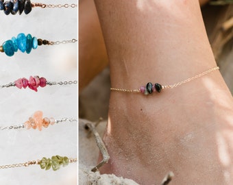 Personalised bohemian bead bar crystal anklet. Choose your birthstone gemstones & material. Family birthstones ankle bracelet gift for her.