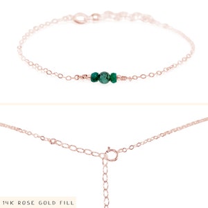 Green emerald dainty gemstone bracelet in gold, silver, bronze, rose gold 6 chain with 2 adjustable extender May birthstone bracelet 14k Rose Gold Fill