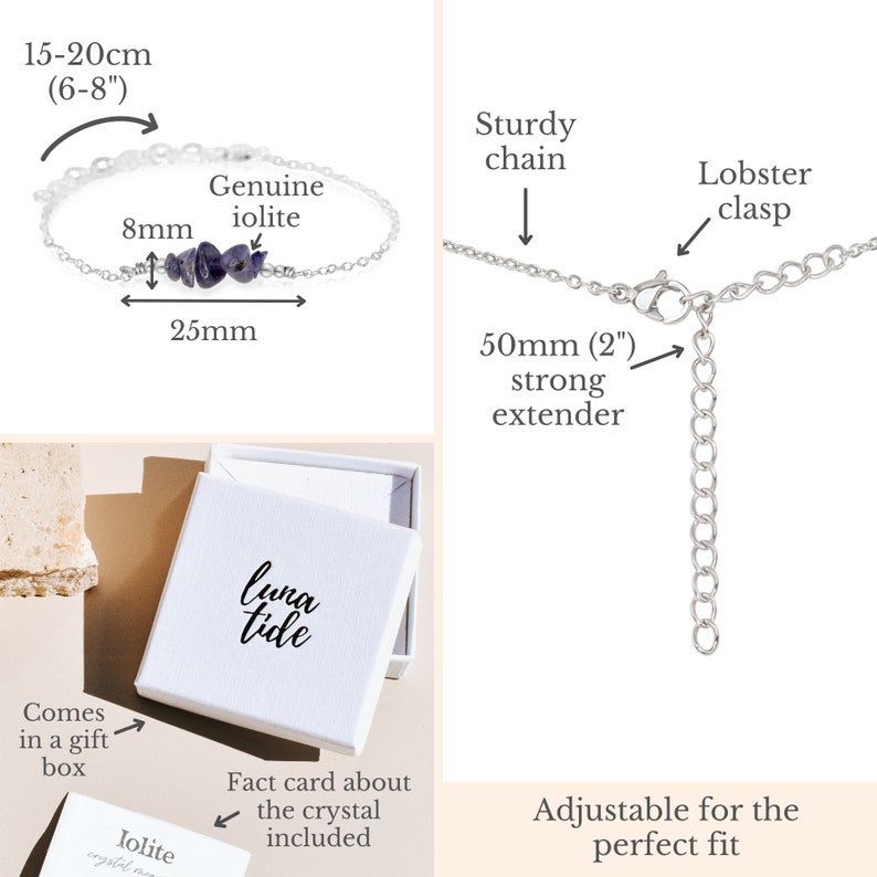 Iolite bead bar crystal bracelet in bronze, silver, gold or rose gold 6 chain with 2 adjustable extender September birthstone image 8