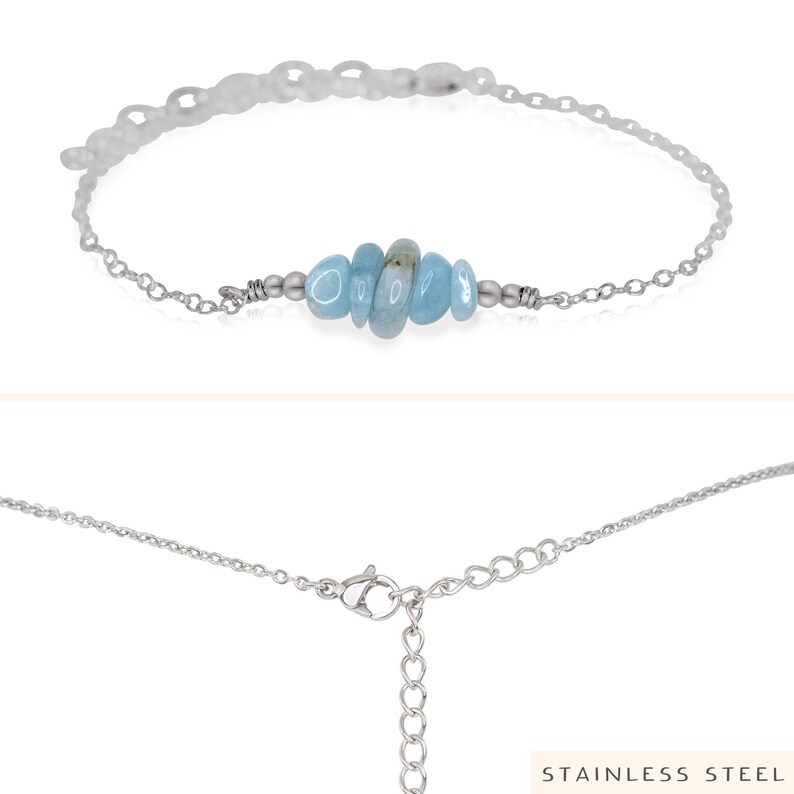 Aquamarine bead bar crystal bracelet in bronze, silver, gold or rose gold 6 chain with 2 adjustable extender March birthstone image 5