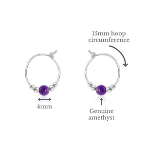 Tiny purple amethyst bead hoop earrings in silver, gold, or rose gold. Simple gemstone amethyst earrings for women. Everyday earrings gift. image 6