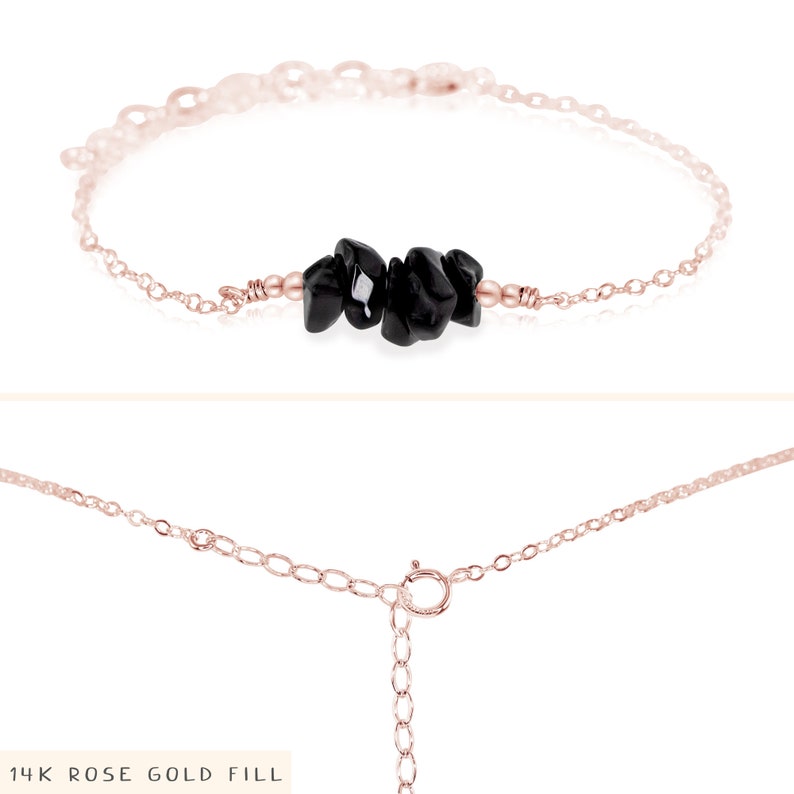 Black onyx bead bar crystal bracelet in bronze, silver, gold or rose gold 6 chain with 2 adjustable extender July birthstone image 3