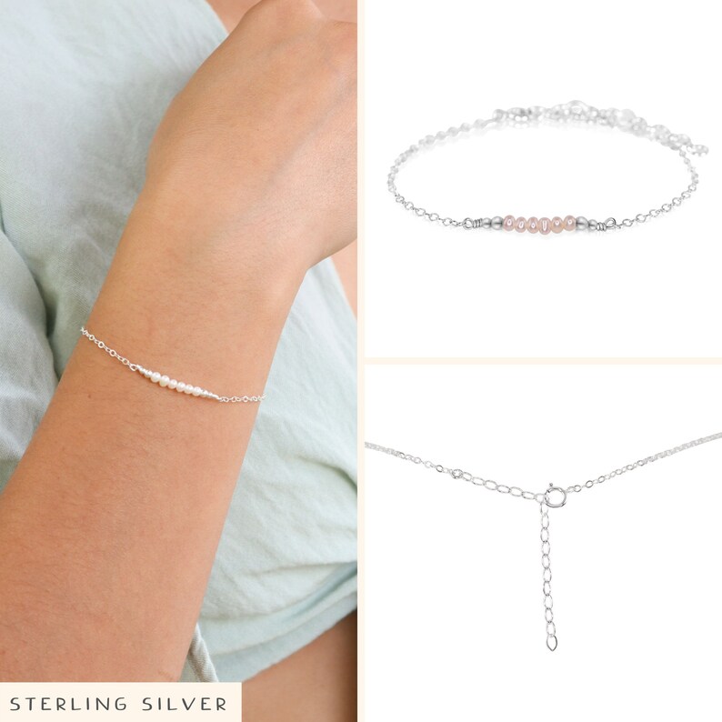 Tiny freshwater pearl bead bar bracelet. White pearl bracelet. Elegant beaded bar bracelet for women. Dainty June birthstone bracelet gift. Sterling Silver