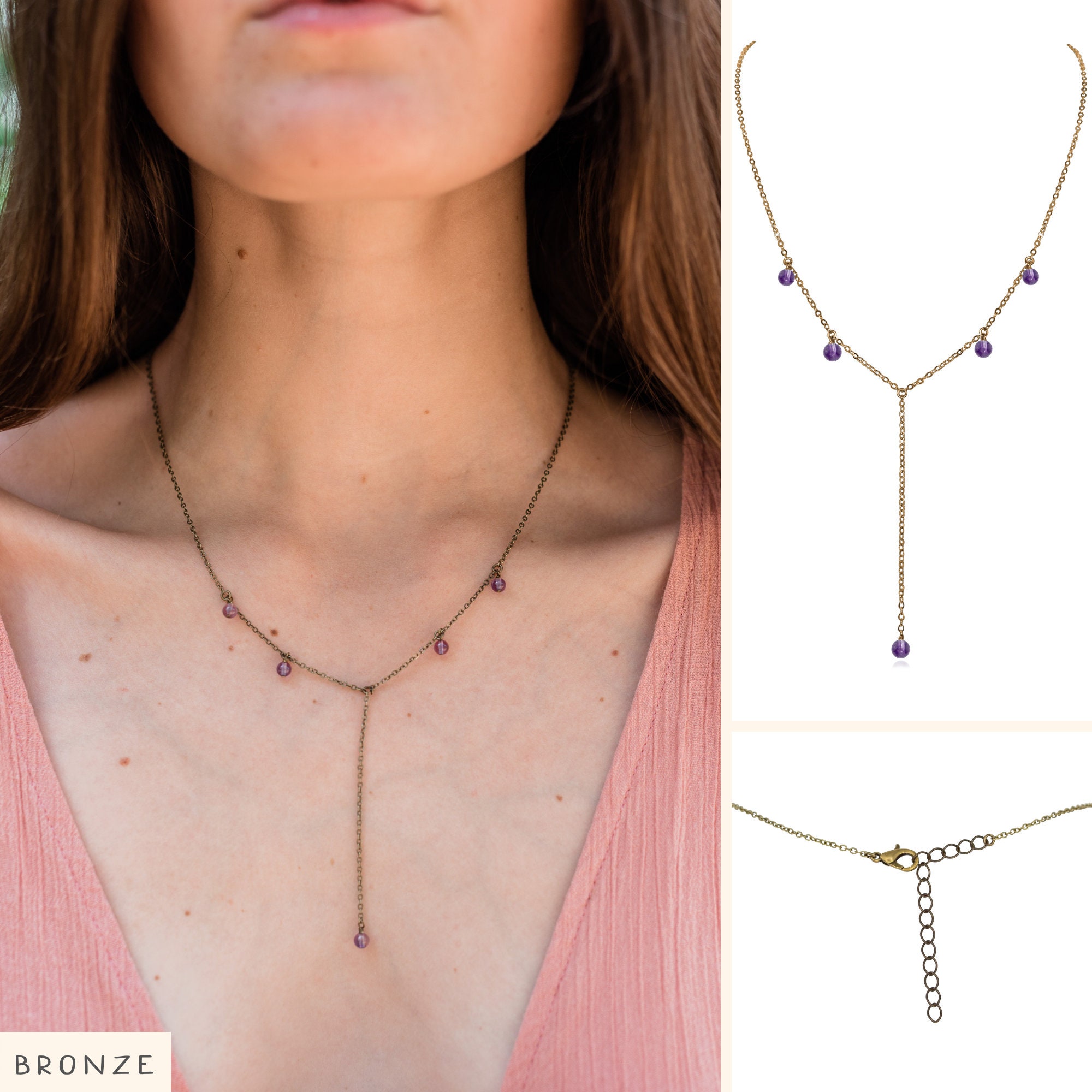 Amethyst Bar Drop Y Necklace. Dainty Silver Lariat. February Etsy