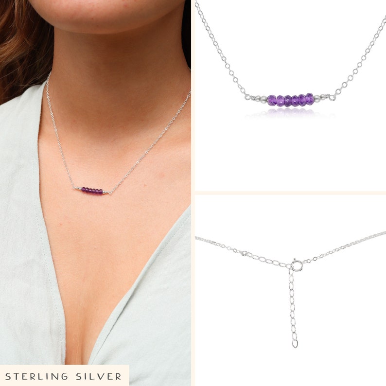Purple amethyst semi-precious gemstone beaded bar necklace. Tiny amethyst bead necklace. Real genuine amethyst February birthstone necklace image 2