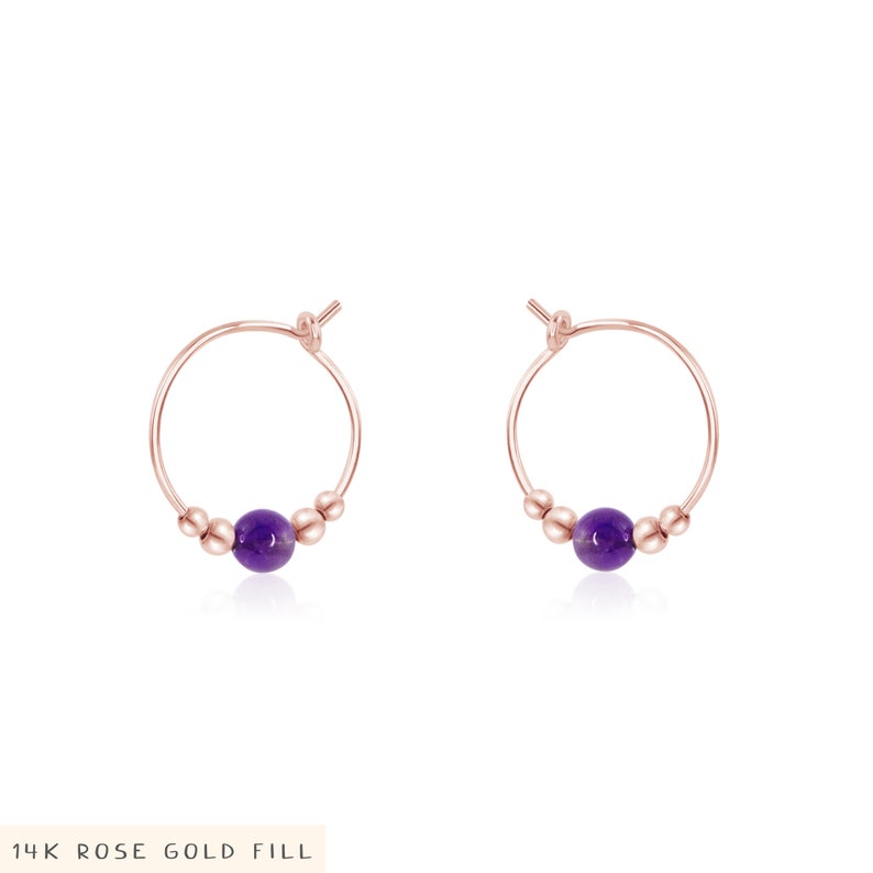 Tiny purple amethyst bead hoop earrings in silver, gold, or rose gold. Simple gemstone amethyst earrings for women. Everyday earrings gift. 14k Rose Gold Fill