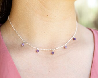 Lepidolite Bead Dangle Choker - Handmade Boho Gemstone Necklace