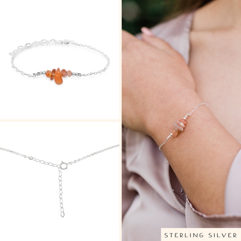 Orange sunstone bead bar crystal bracelet in bronze, silver, gold or rose gold 6 chain with 2 adjustable extender image 4