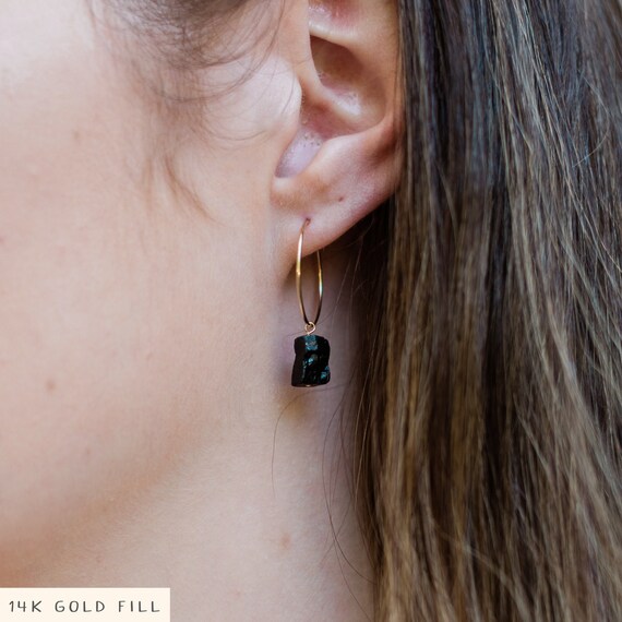 Black Tourmaline Raw Crystal Hoop Earrings in Gold Silver | Etsy UK