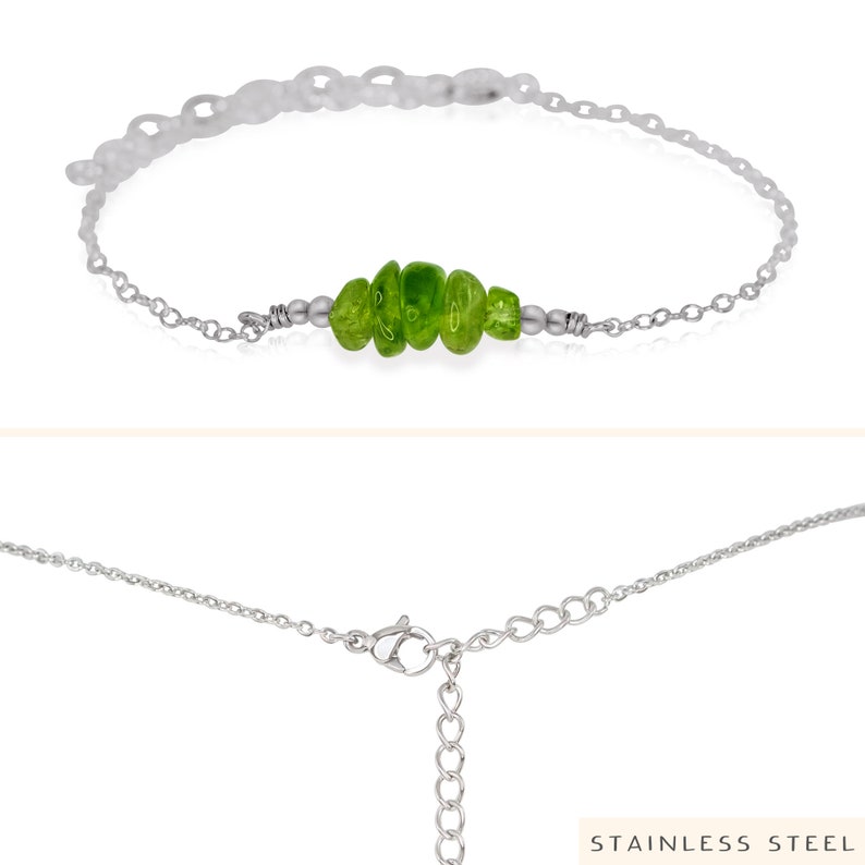 Peridot bead bar crystal bracelet in bronze, silver, gold or rose gold 6 chain with 2 adjustable extender August birthstone Stainless Steel