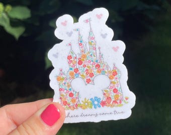 WDW CASTLE | Vinyl Sticker | Classic Disney | Water Bottle, Computer, Notebook Sticker | Water Resistant | Disney | Flowers | Mickey Mouse