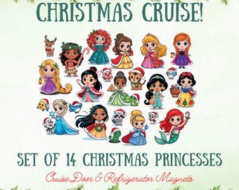 NEW! PRINCESS Christmas Magnets | Set of 14 + 9 Sidekicks | Christmas Cruise Door, Refrigerator Magnet, Disney Very Merrytime