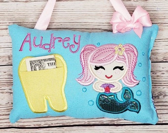 Personalized tooth fairy pillow, mermaid, girls tooth fairy pillow, tooth chart included! !,