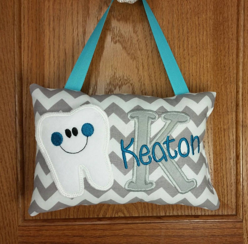 Tooth fairy pillow optional tooth chart FabuMimi Original gray and white chevron