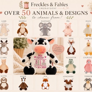 May include: A display of plush animals including a central cow with embroidered text Mia Harper, 8 inches, 21 pounds, 10-2026. Surrounding the cow are small images of a lamb, monkey, elephant, pig, duck, moose, deer, chicken, llama, alligator, cockatoo, sloth, horse, fox, longhorn, and terrier.