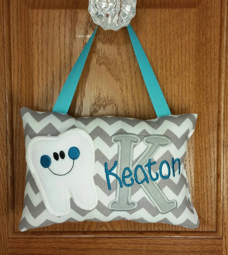 Tooth fairy pillow optional tooth chart FabuMimi Original gray and white chevron