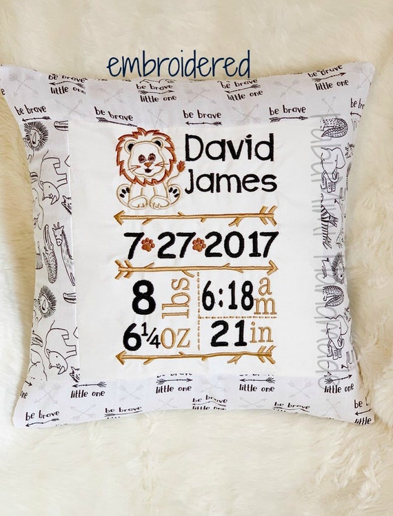 embroidered birth announcement pillow