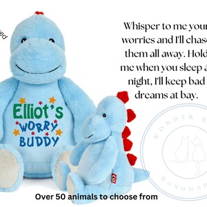 May include: A blue dinosaur plush toy with red spikes and embroidered text that says "Elliot's Worry Buddy". The toy is sitting on a white background with text that says "Whisper to me your worries and I'll chase them all away. Hold me when you sleep at night, I'll keep bad dreams at bay."