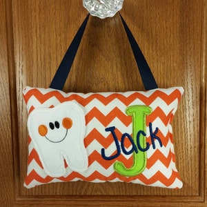 Personalized boys tooth fairy pillow orange and white chevron, optional tooth chart available