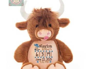 Personalized Embroidered Stuffed Animal - Personalized Baby Gift- Birth Announcement Stuffed Animal - Birth Stat animal - Highland Cow