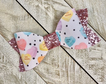 Valentines Day hair bow, conversation hearts, candy hair bow, ready to ship, glitter fabric, faux leather bow, vegan leather hair clip