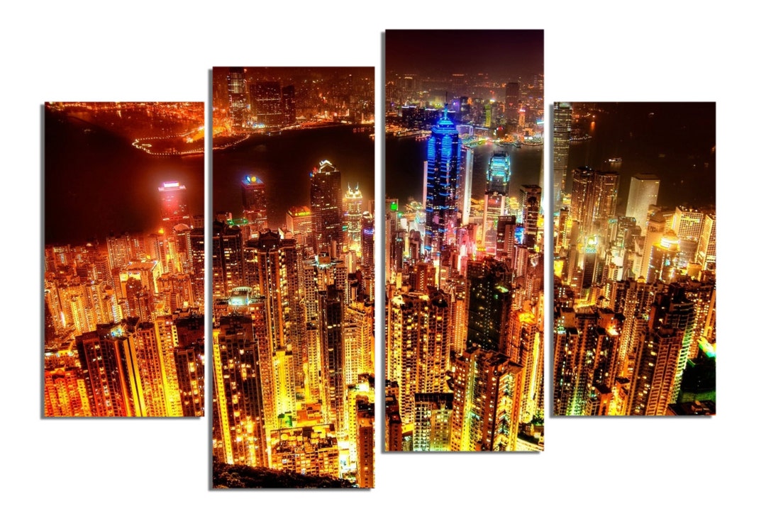 Glass Wall Art Acrylic Decor Set Hong Kong at Night 5 Stars Etsy